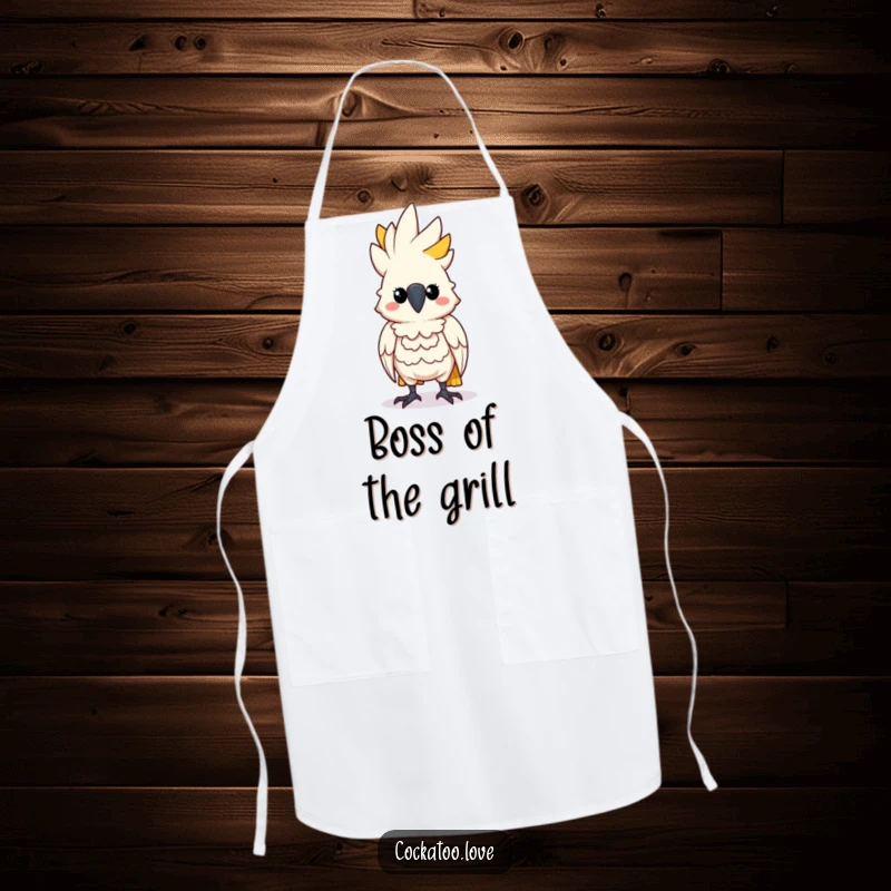 Funny Determined Cockatoo Apron: A cockatoo character standing tall and puffing its chest, ideal for confident cooks.