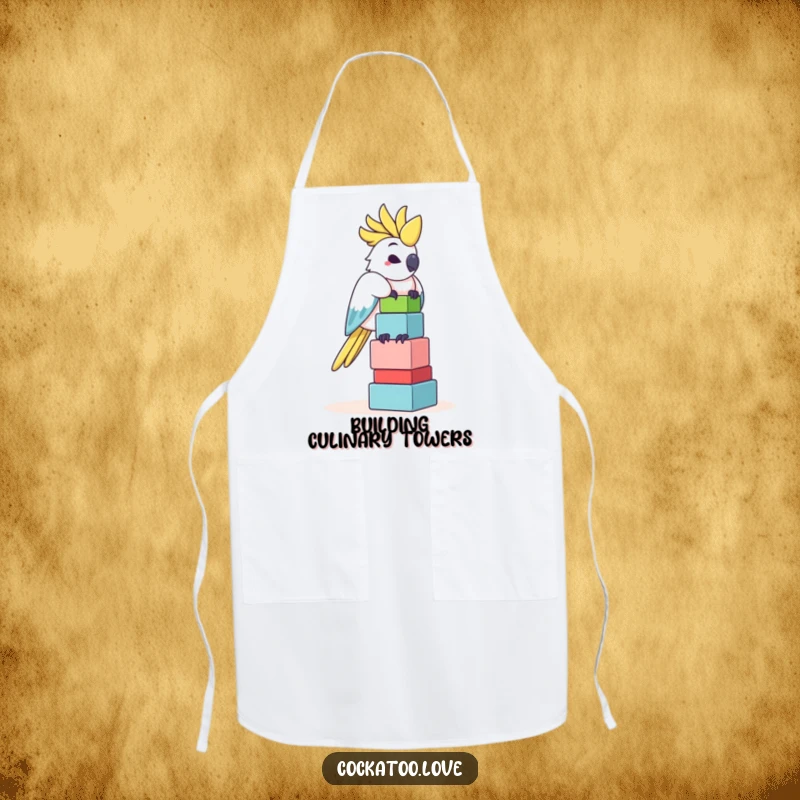 Funny Cockatoo Apron: A charming cockatoo balances colorful blocks, ready to assist in the kitchen with a funny, focused expression.