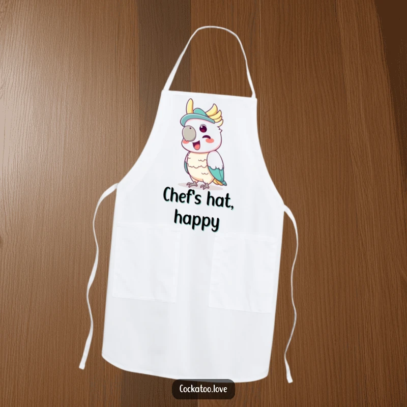 Funny kitchen apron featuring a cockatoo wearing a tiny hat, joyfully squawking with glee.