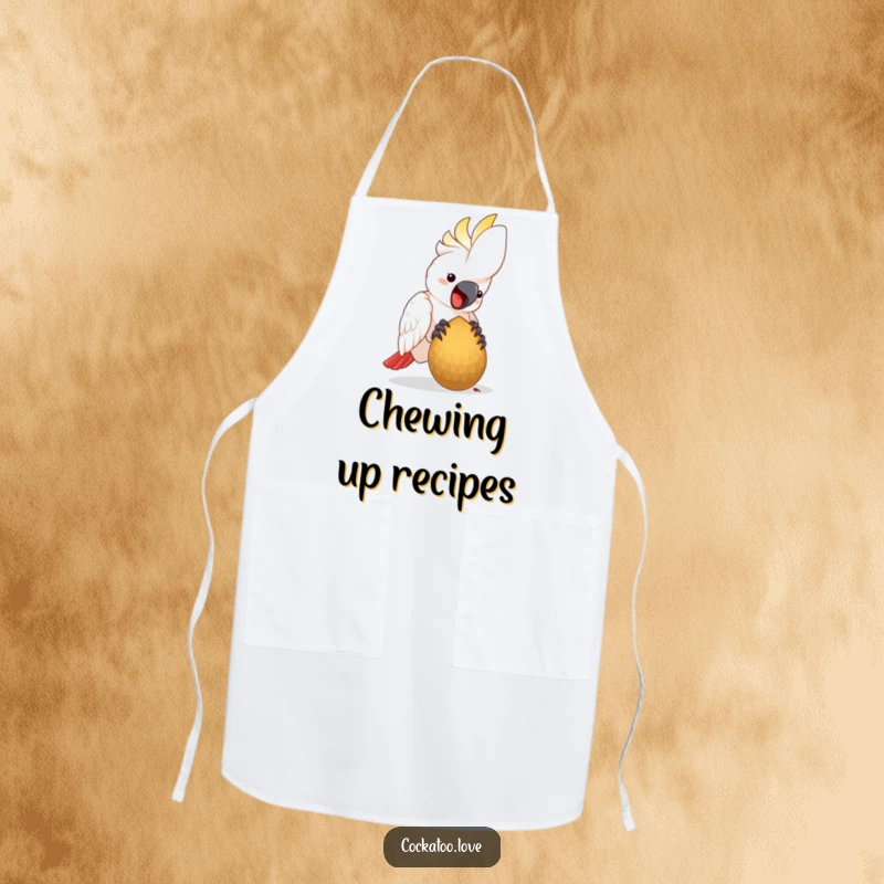 Funny Apron featuring a happy cockatoo bird pecking at a large seed, adding a humorous touch to the kitchen.