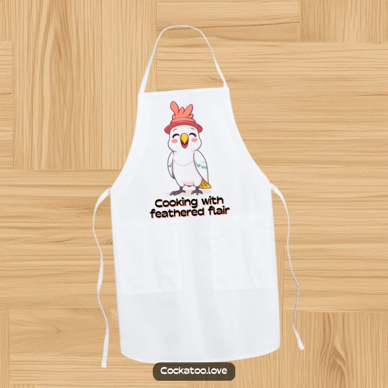 Funny Cockatoo Hat Apron a cheerful bird in a small hat squawks with delight, making this kitchen apron a humorous and protective shield for cooks.