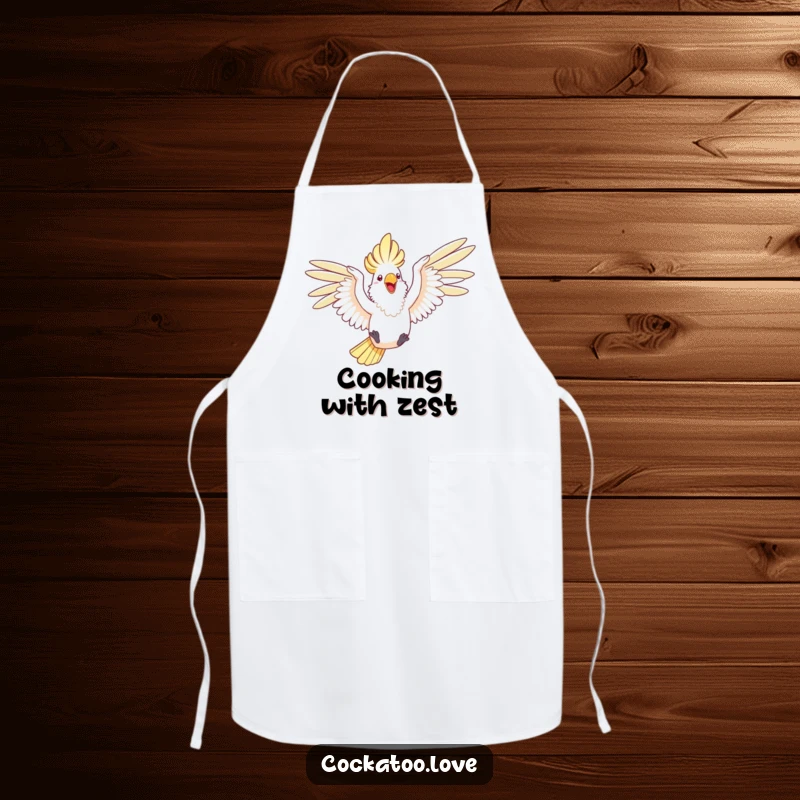 Funny kitchen apron featuring a happy cockatoo with wings outstretched, joyfully leaping through the air.