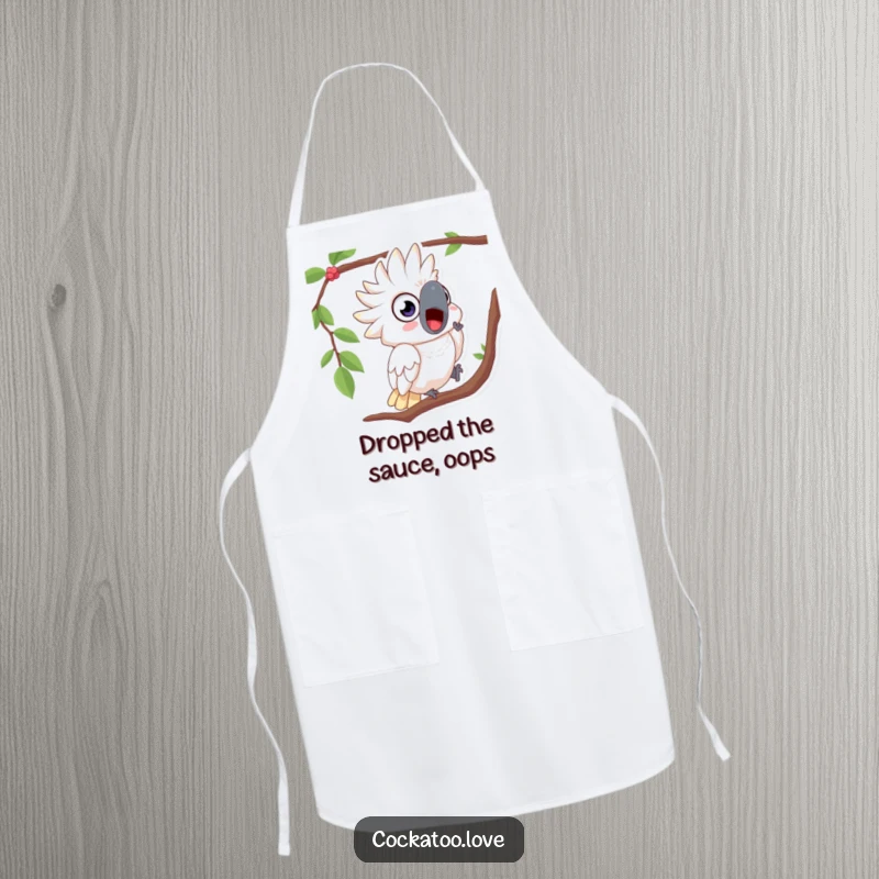 Funny apron featuring a surprised cockatoo with wide eyes, comically tumbling from a branch, perfect for cooking.