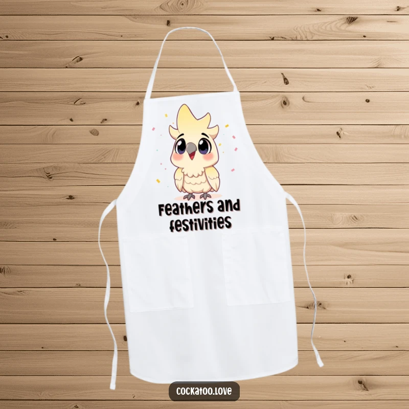Funny Cockatoo Apron: Enthusiastic bird amid confetti, ready for a festive cooking session.