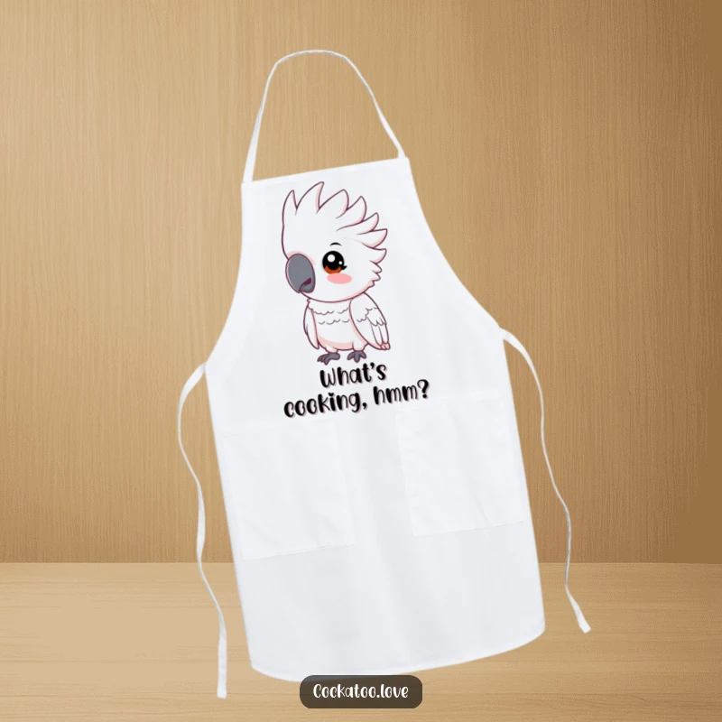 Funny cockatoo apron with a bird tilting its head inquisitively, adding a curious touch to cooking.