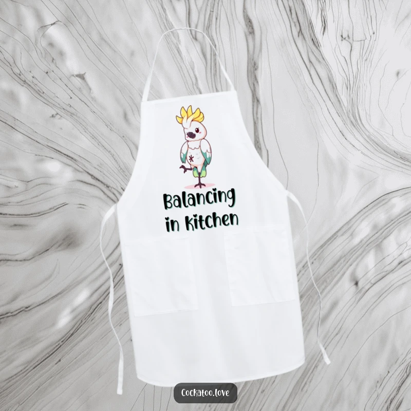 Funny Apron showing a cockatoo character balancing on one leg, adding humor and quirkiness to the kitchen and making a great funny gift.