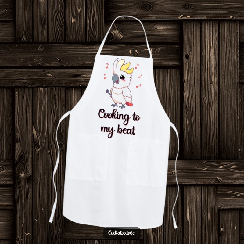 Funny Cockatoo Apron in the kitchen, head bobbing joyfully while cooking, a humorous and practical accessory, perfect funny gift.