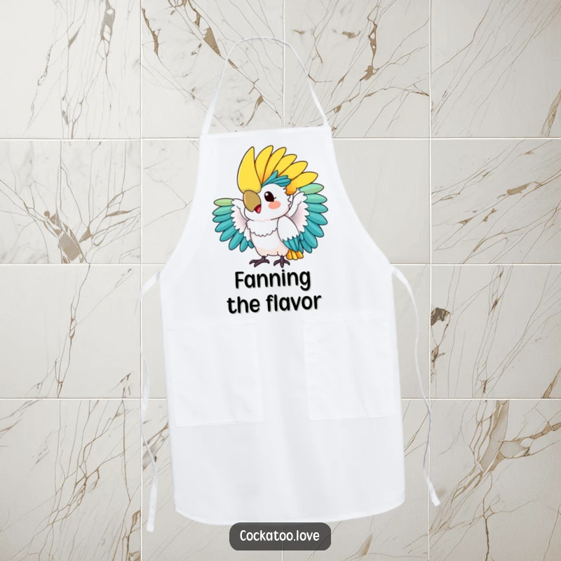 Funny apron: A colorful cockatoo excitedly fans its crest, bringing tropical flair and humor to kitchen activities.