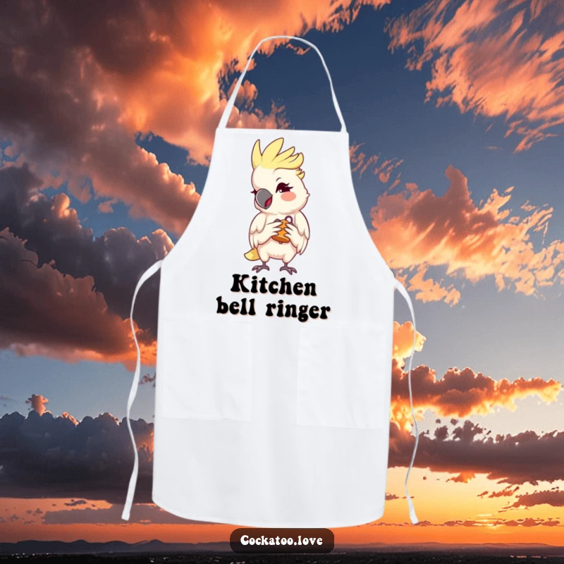 Funny Cockatoo Apron for cooking, giving a mischievous wink and holding a tiny bell, adding humor to the kitchen, a funny gift.