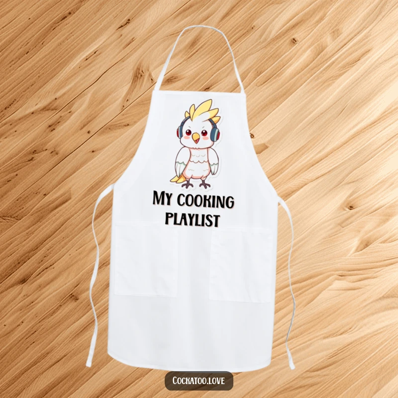 Funny apron featuring a cockatoo wearing headphones and bopping to music, bringing fun to the kitchen.