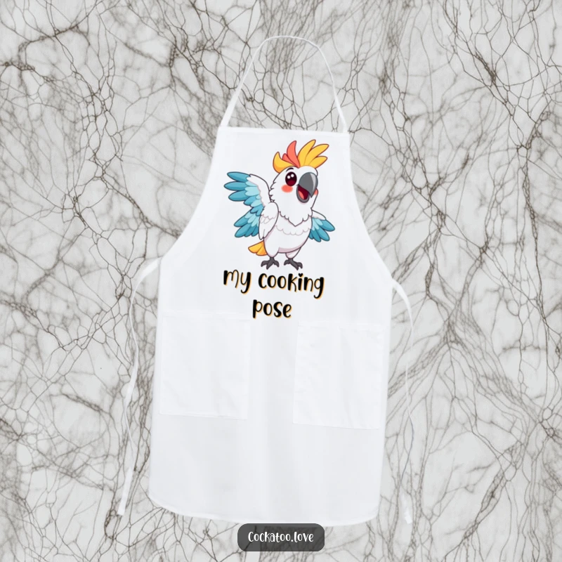 Funny cockatoo apron, vibrant feathers, striking a comical pose while cooking, adding a humorous twist to kitchen duties.