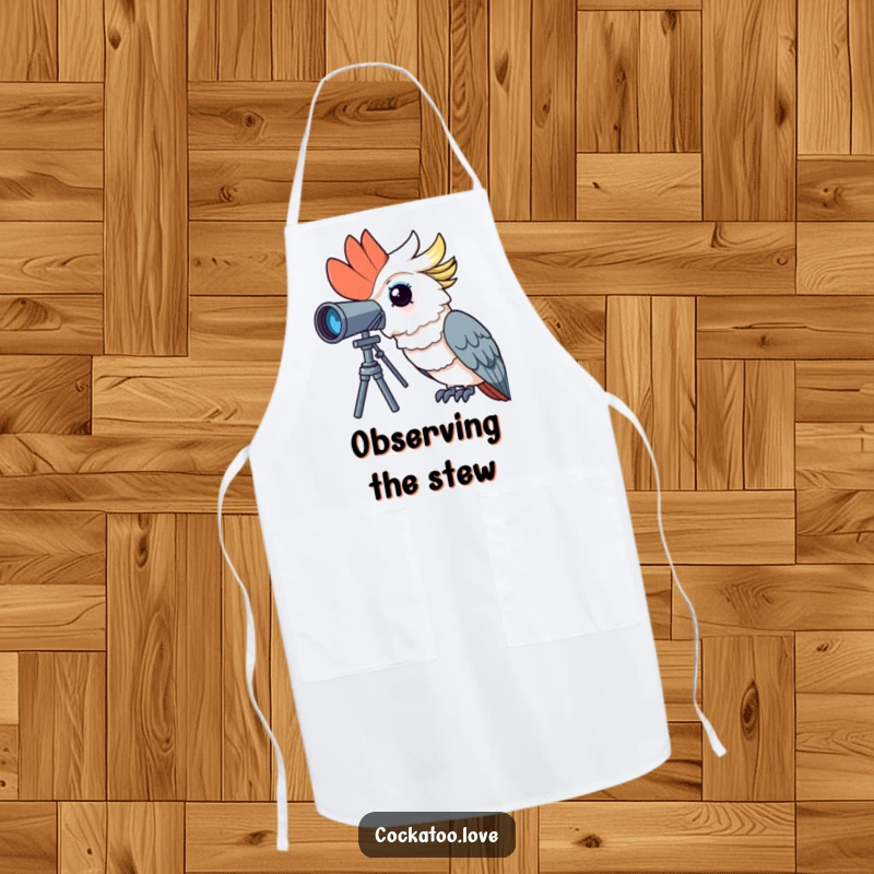 Funny cockatoo apron featuring a curious bird peering through a telescope, ready for humorous kitchen exploration.