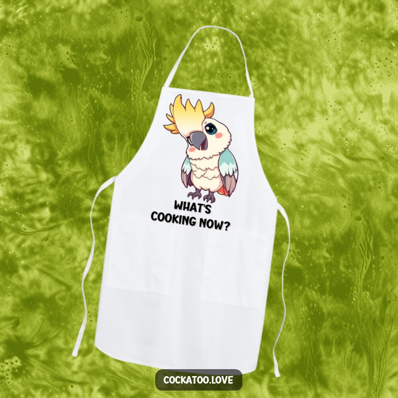 Funny apron: A curious cockatoo tilts its head, looking intently, bringing a thoughtful and humorous touch to kitchen activities.
