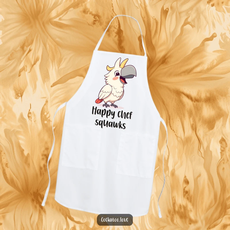 Funny Apron showing a happy cockatoo character squawking with delight, adding humor to the kitchen and making a great funny gift.