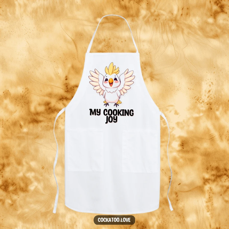Funny apron featuring a joyful cockatoo with wings spread wide, perfect for adding happiness to cooking.