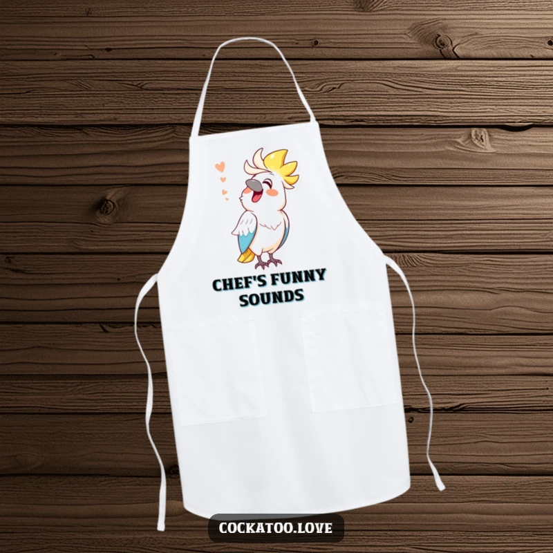 Funny cockatoo apron, cheerful bird character mimicking a funny sound, cute kitchen wear, cooking with humor.