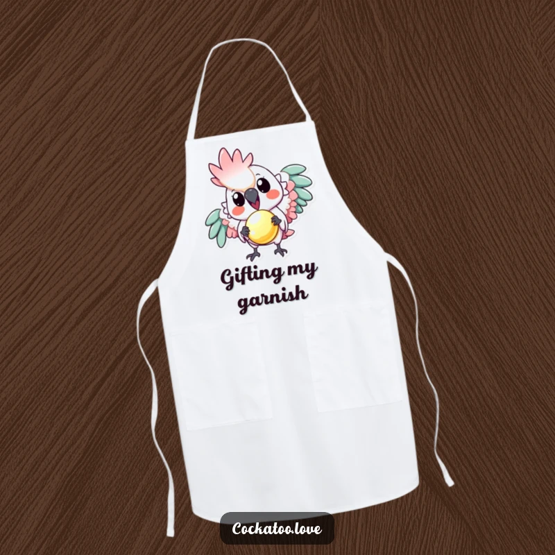 Funny apron: A playful cockatoo offers a tiny, shiny object, bringing warmth and humor to kitchen activities.