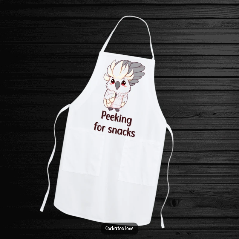 Funny Shy Cockatoo Apron: Playful apron showcasing a shy bird character humorously peeking from behind a large feather.
