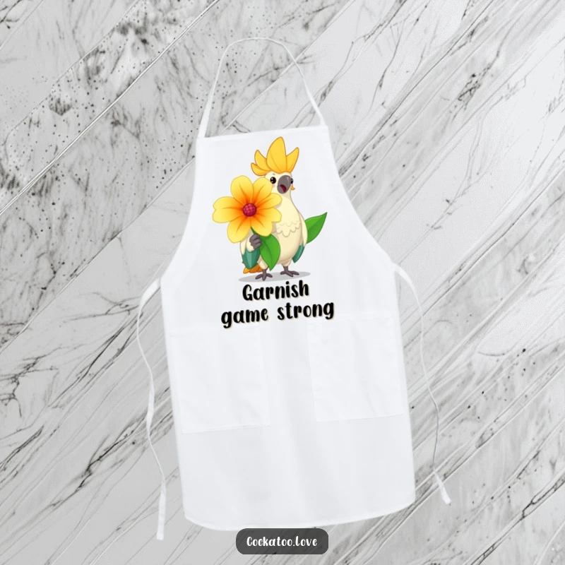 Funny cockatoo apron with a cheerful bird holding a large flower and nodding kindly, perfect for cheerful, humorous cooking.