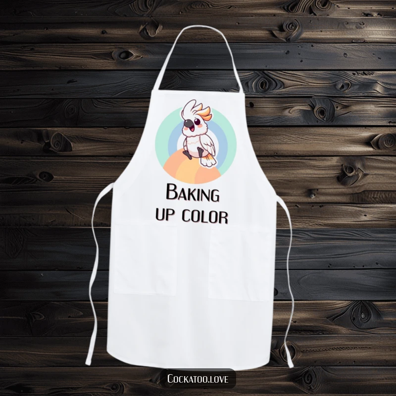 Gleeful cockatoo bird character sliding down a colorful rainbow on a kitchen apron, adding a touch of fun.