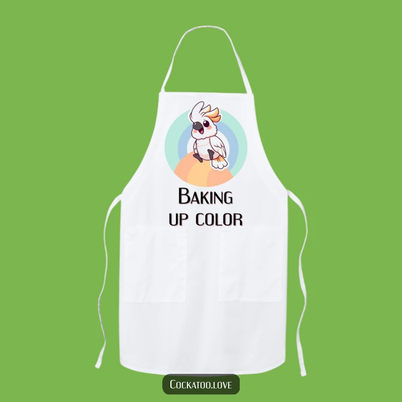 Gleeful Cockatoo Rainbow Apron: Joyful Sliding Bird Kitchen Wear, Fun Chef Gift!