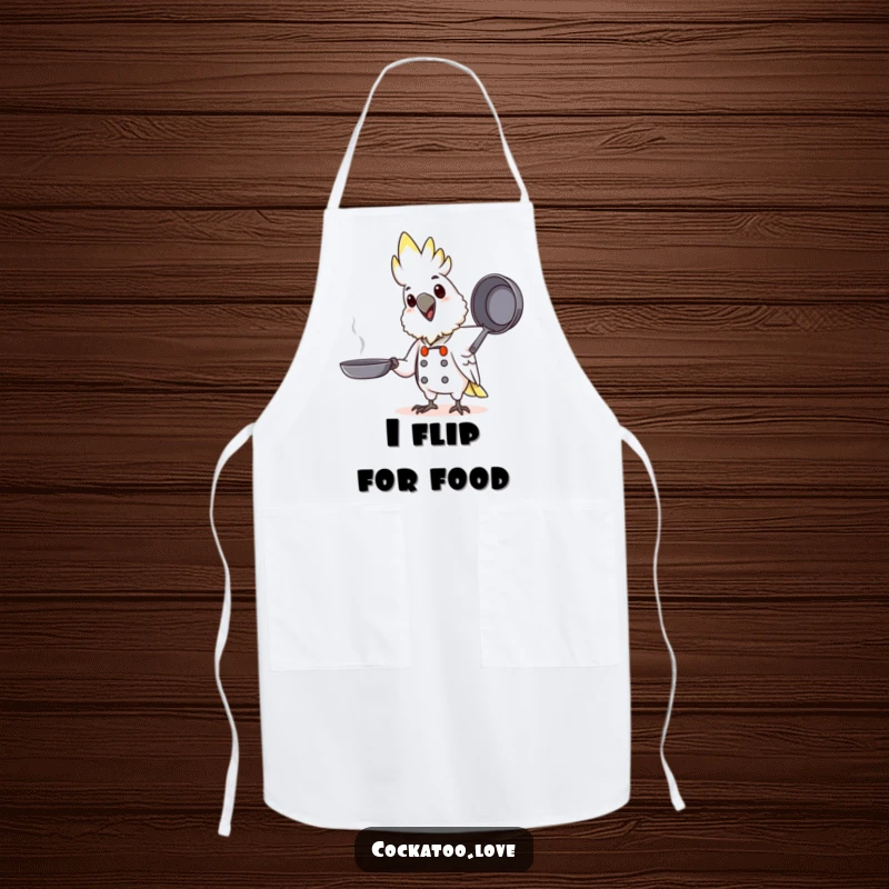 Funny Chef Cockatoo Apron: A happy cockatoo character as a chef, tossing a pretend pan, ideal for kitchen fun.