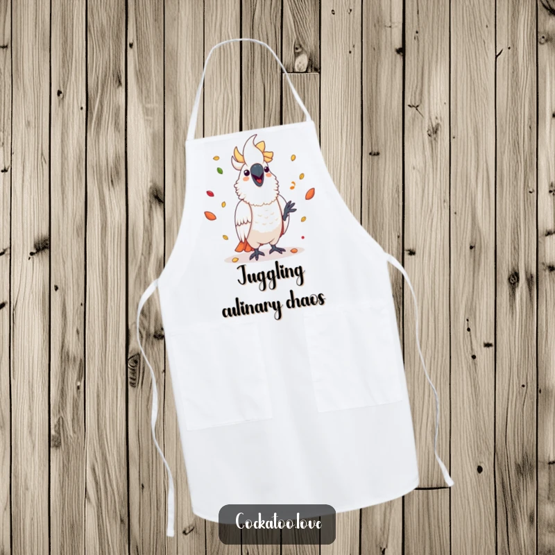 Funny cockatoo apron depicting a jovial bird juggling various seeds, perfect for a whimsical cook.