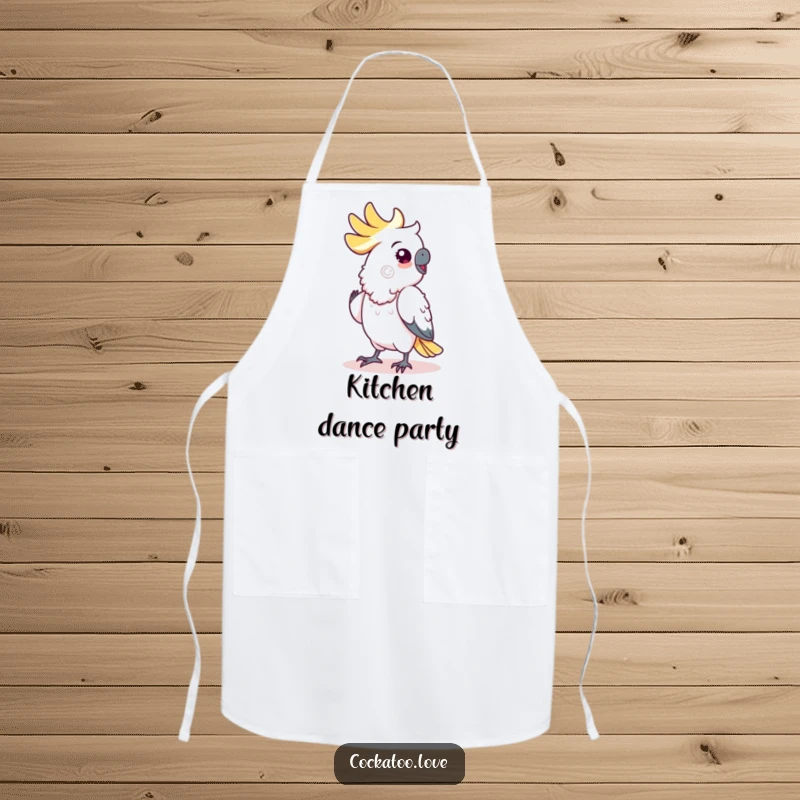 Funny cockatoo apron, featuring a bird doing a lively and comical shuffle dance while cooking or cleaning.