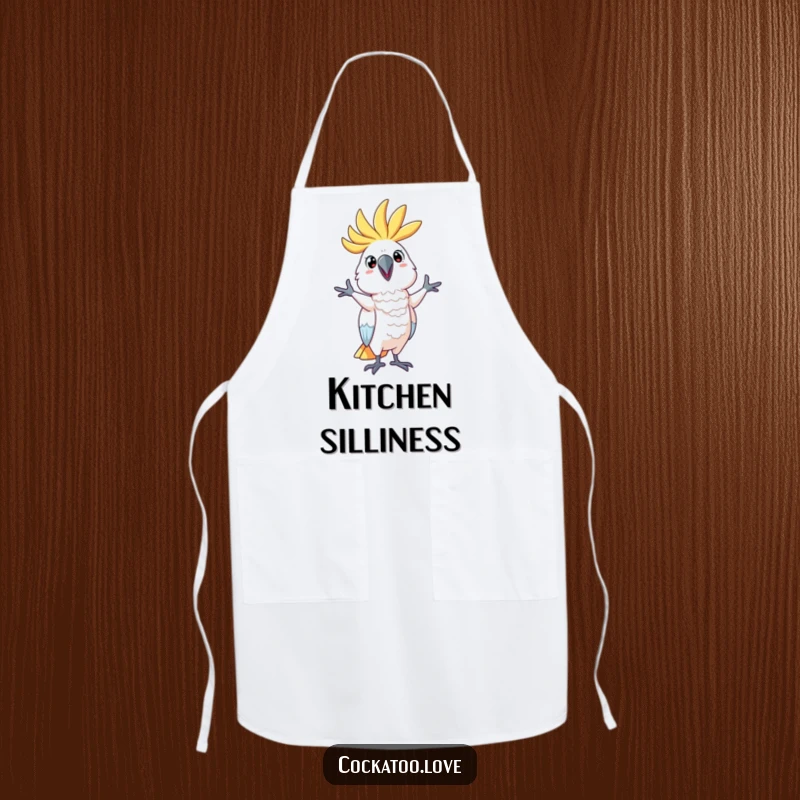 Funny Apron showing a cockatoo character in a silly, whimsical pose, adding humor to the kitchen and making a great funny gift.