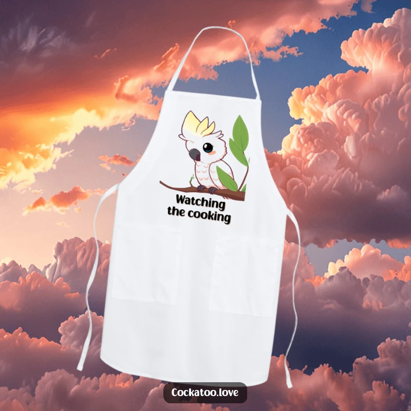 Funny apron with a curious cockatoo peeking from behind a leaf, adding a playful touch to kitchen duties, a unique funny gift.