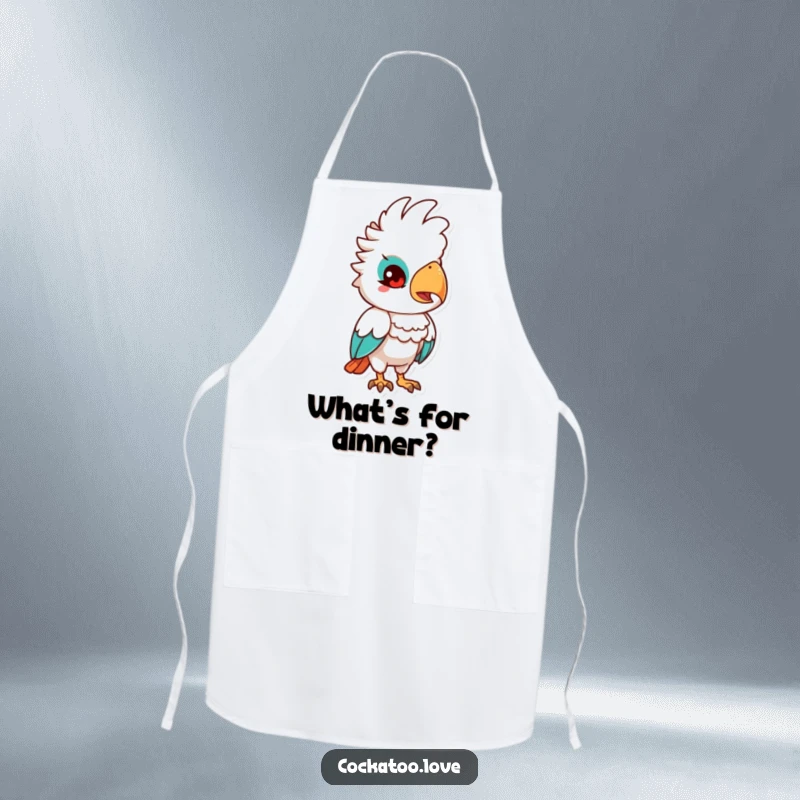 Funny Quizzical Cockatoo Apron: A cockatoo character tilting its head with a quizzical expression, ideal for curious cooks.