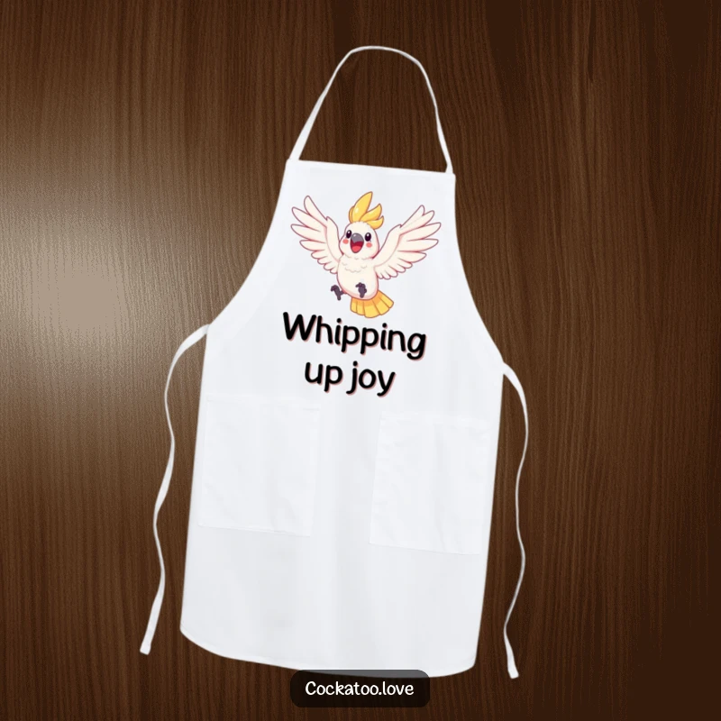 Funny Cockatoo Leaping Apron a cheerful cockatoo leaps with wings spread, making this kitchen apron a functional and humor-filled accessory for chefs.