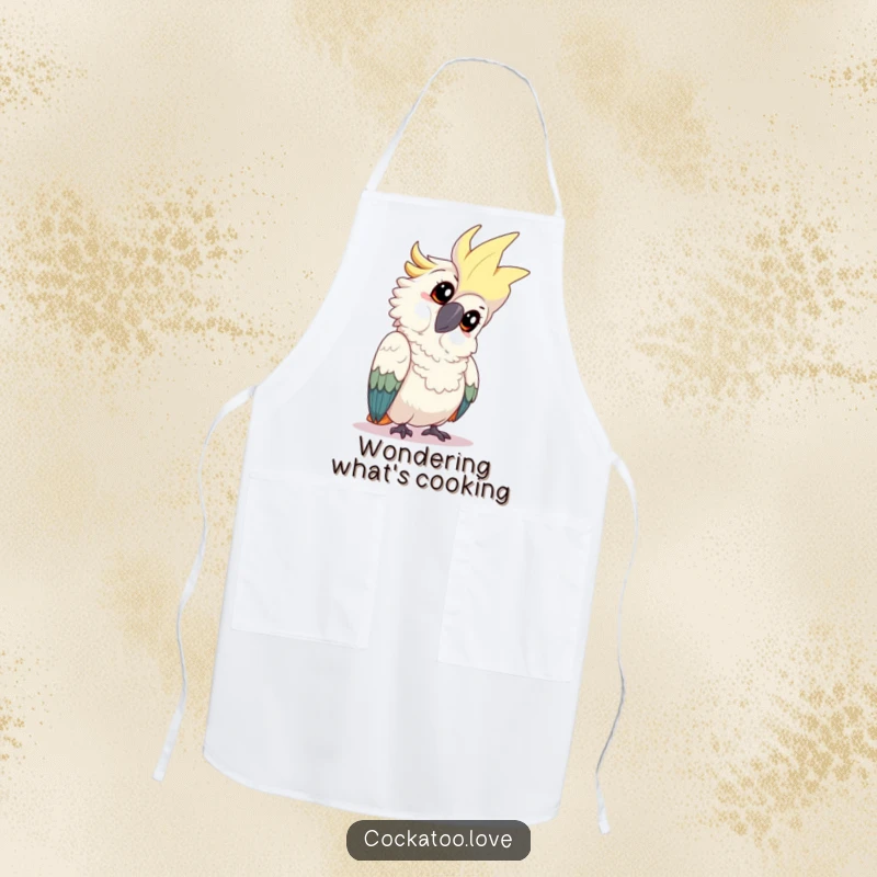 Funny cockatoo apron featuring a playful bird tilting its head with an inquisitive expression, ideal for a curious and delightful cooking experience.