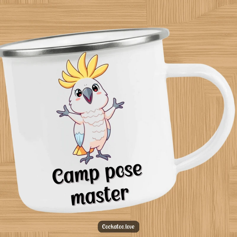 Funny Camping Mug showing a cockatoo character in a silly pose, perfect for outdoor fun and a memorable funny gift.