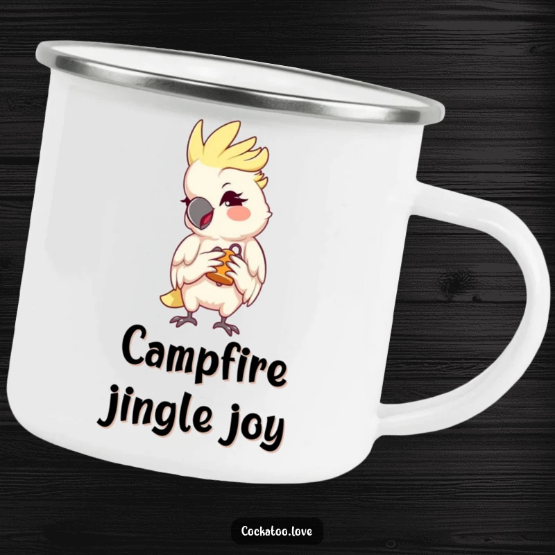 Funny Cockatoo Camping Mug featuring a mischievous wink and a tiny bell, perfect for outdoor adventures and a good laugh, a funny gift.