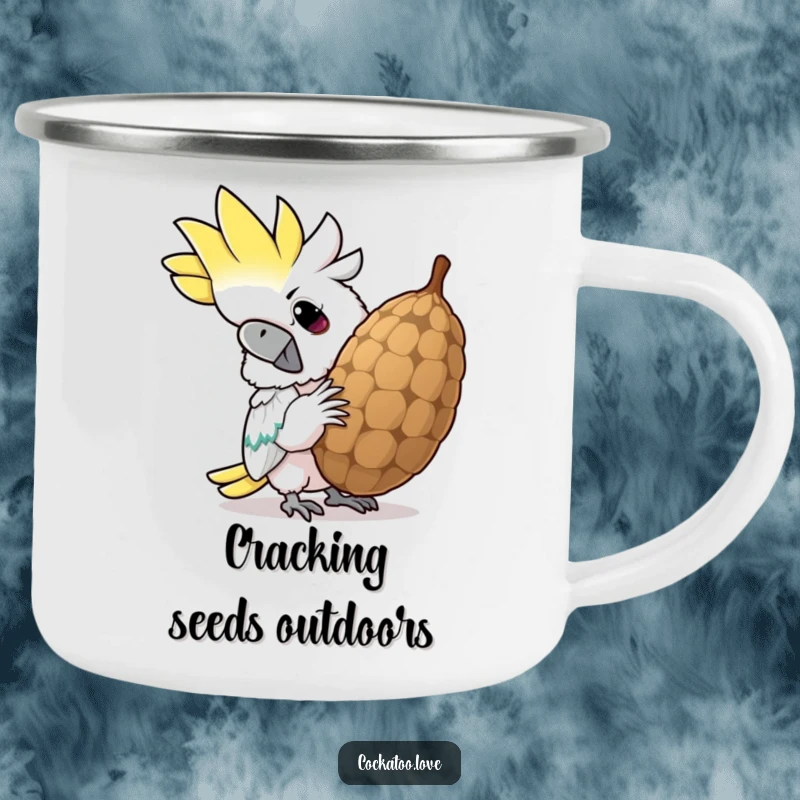 Funny cockatoo camping mug, robust and ready for adventure, showing a determined bird cracking a giant seed with a grin.