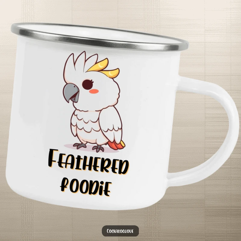 Funny camping mug featuring a cockatoo character with a mischievous grin playfully pecking, ready for outdoor fun.