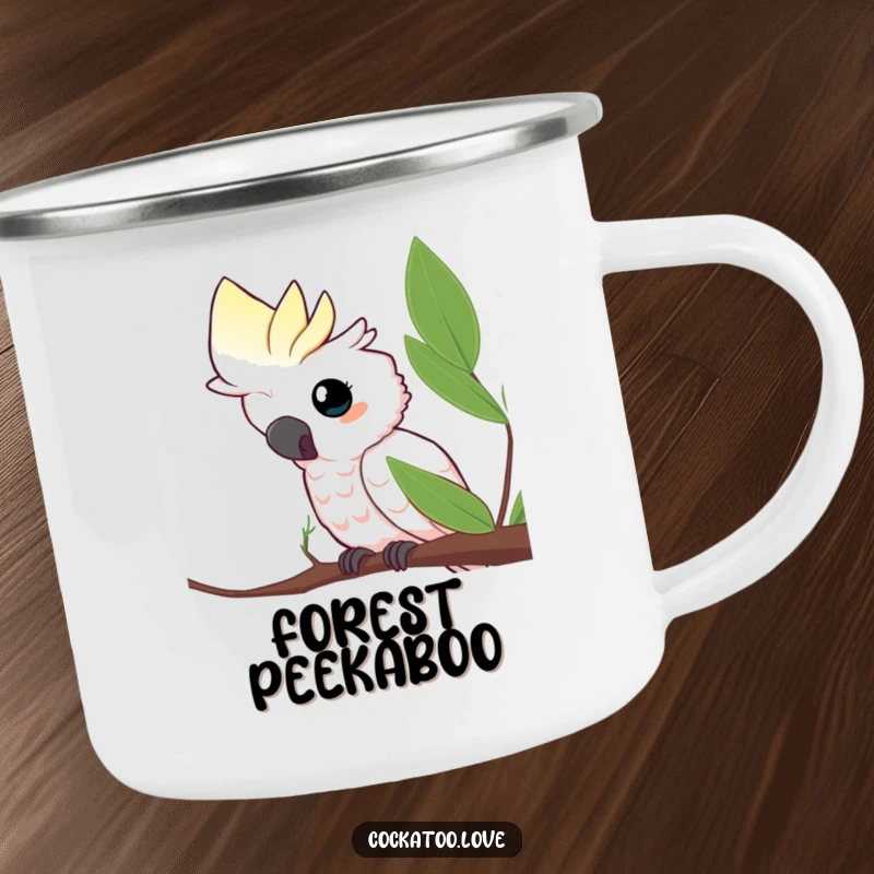 Funny camping mug with a curious cockatoo peeking from behind a leaf, perfect for outdoor observation and a touch of humor, a great funny gift.