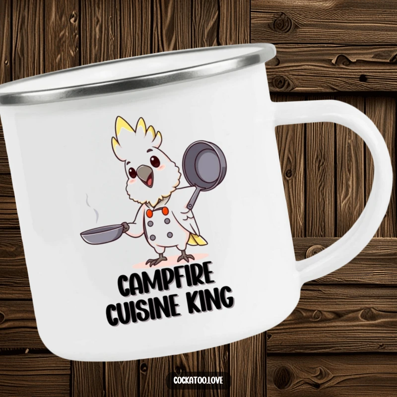 Funny Chef Cockatoo Camping Mug: Cockatoo character as a chef tossing a pretend pan, perfect for outdoor cooking enthusiasts.
