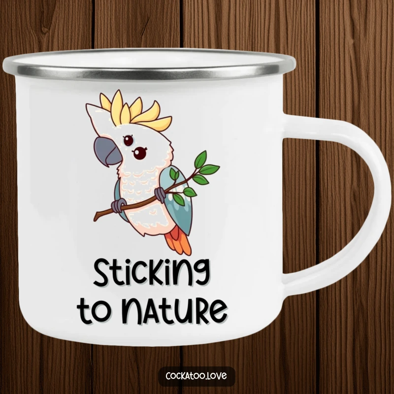 Funny cockatoo camping mug featuring a determined bird gripping a tiny, stylized branch, ideal for enjoying drinks with a steadfast spirit.