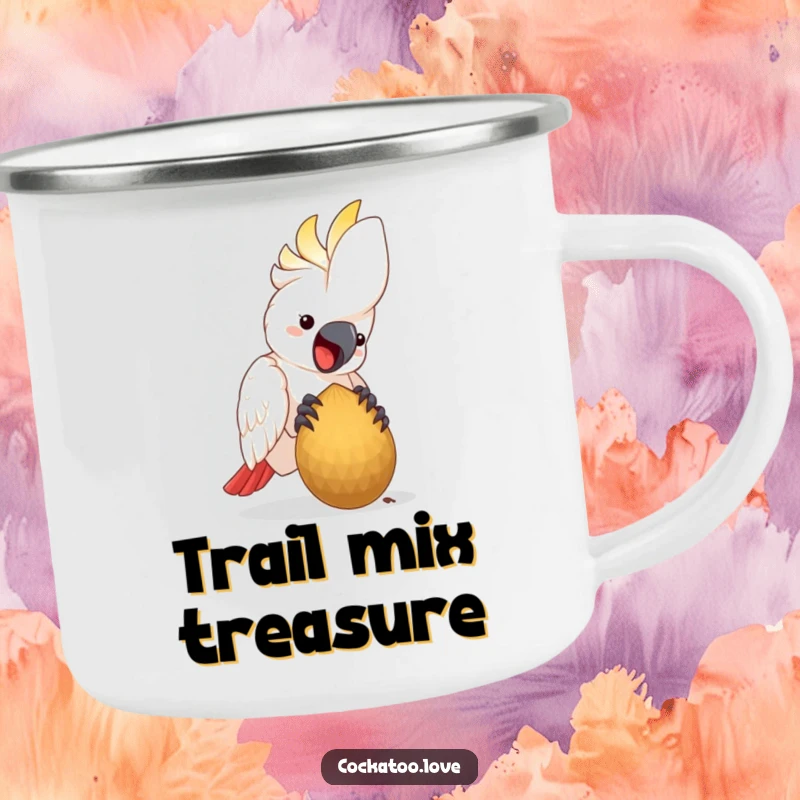 Funny Camping Mug featuring a happy cockatoo bird pecking at a large seed, for outdoor enjoyment.