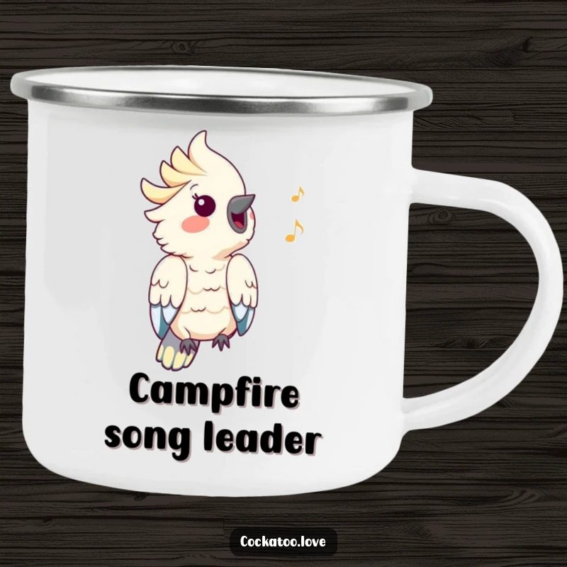 Funny Cockatoo Camping Mug: A cockatoo whistles a happy tune, bringing funny musical vibes to your camping adventures.