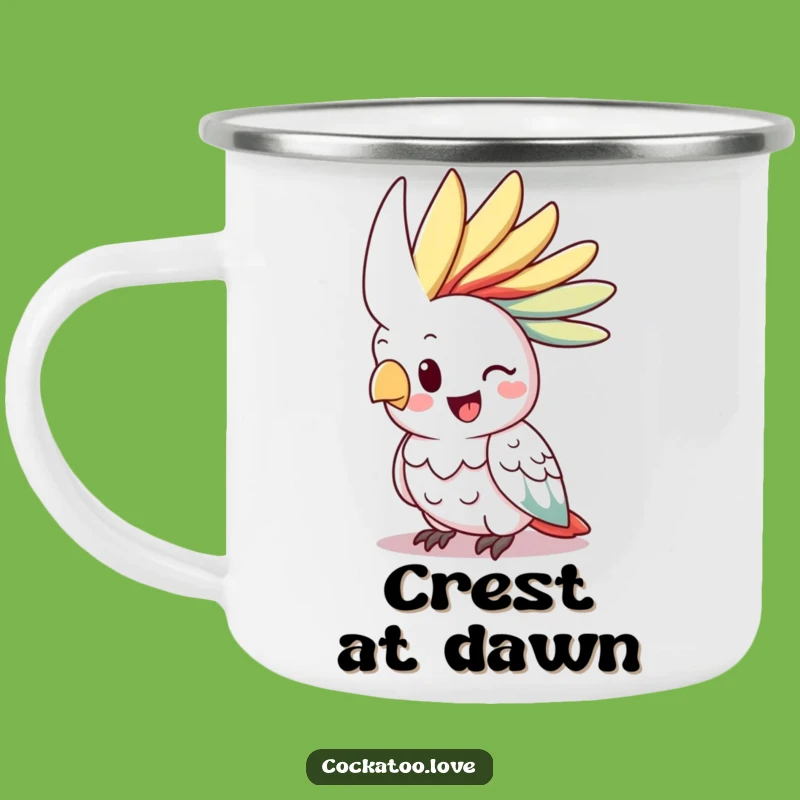Funny Cockatoo Camping Mug: Happy Bird, Vibrant Crest, Outdoor Gift