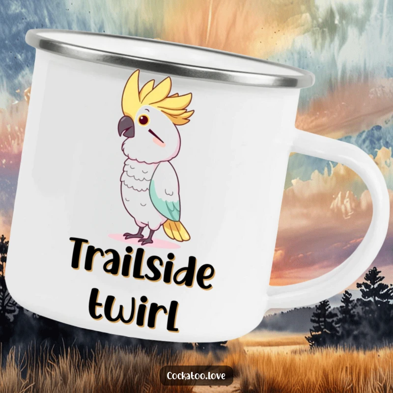 Funny Cockatoo Dancer Camping Mug: Durable mug featuring a charming bird character humorously dancing during outdoor adventures.