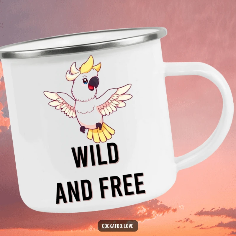 Funny cockatoo camping mug with a happy bird showing spread wings in mid-flight, ideal for enjoying beverages during outdoor excursions.