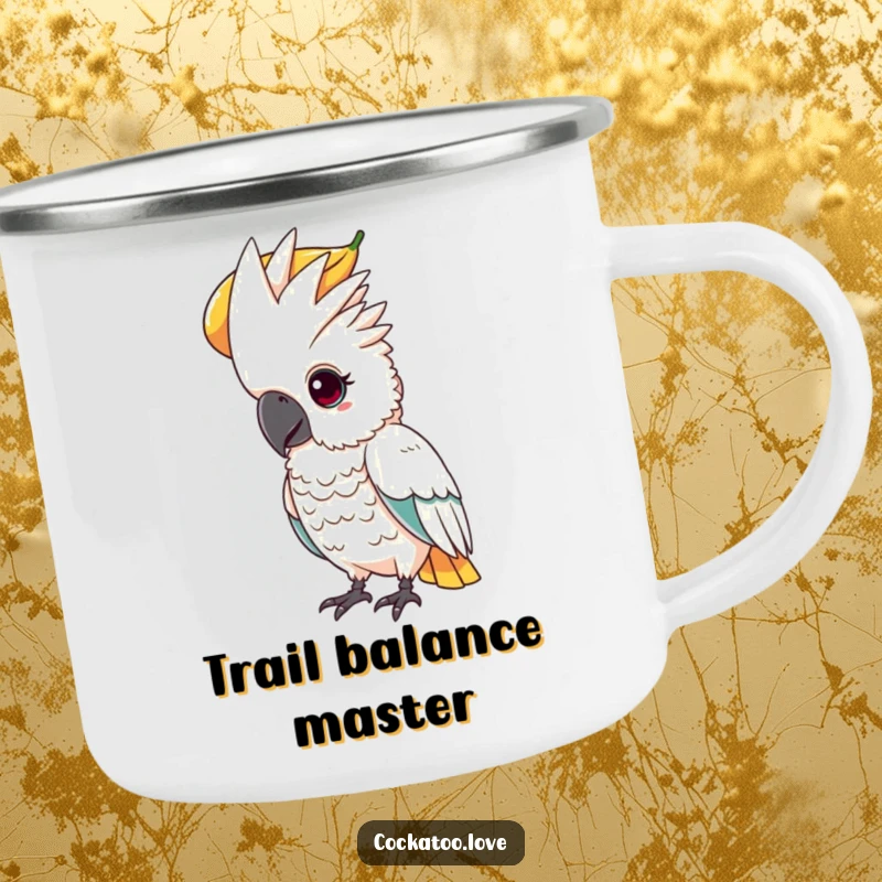 Funny enamel camping mug featuring a determined cockatoo with a focused gaze, balancing a large fruit on its head.