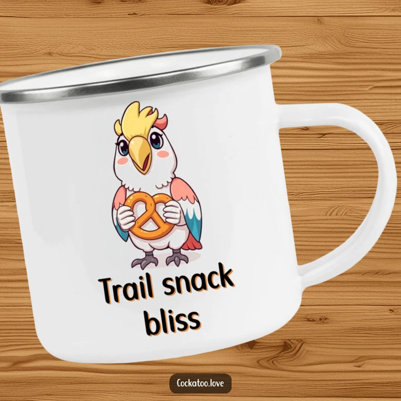 Funny enamel camping mug featuring a happy cockatoo holding a tiny pretzel, for snack breaks in the wild.