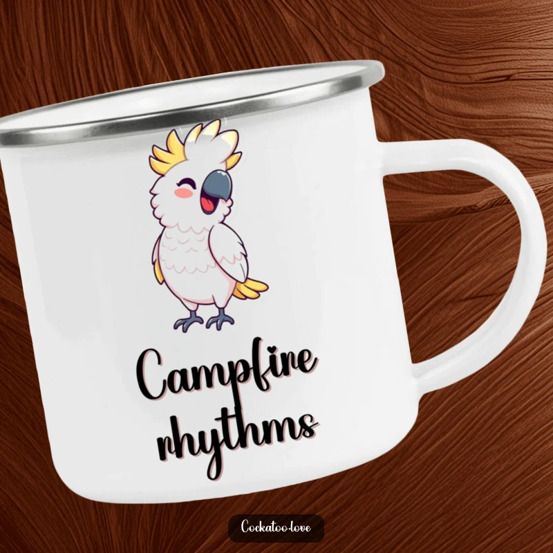 Funny Camping Mug showing a cockatoo character bobbing rhythmically with a smile, perfect for outdoor fun and a memorable funny gift.