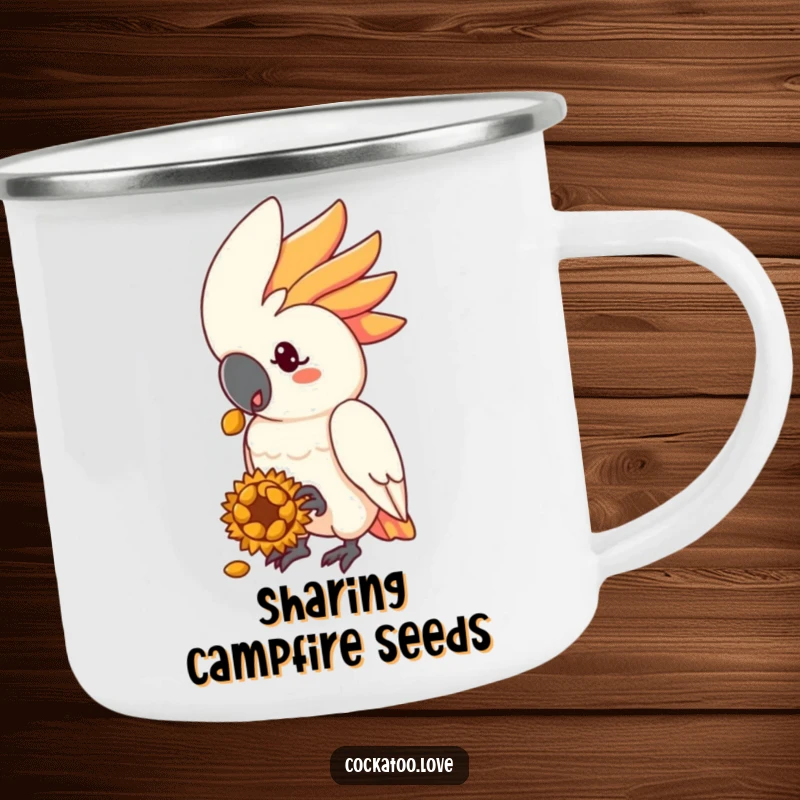 Funny cockatoo camping mug with a friendly bird character offering a sunflower seed treat.