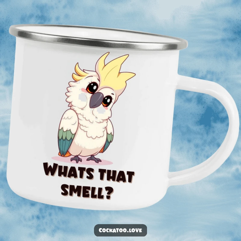 Funny cockatoo camping mug featuring a playful bird tilting its head with an inquisitive expression, ideal for contemplative moments outdoors.